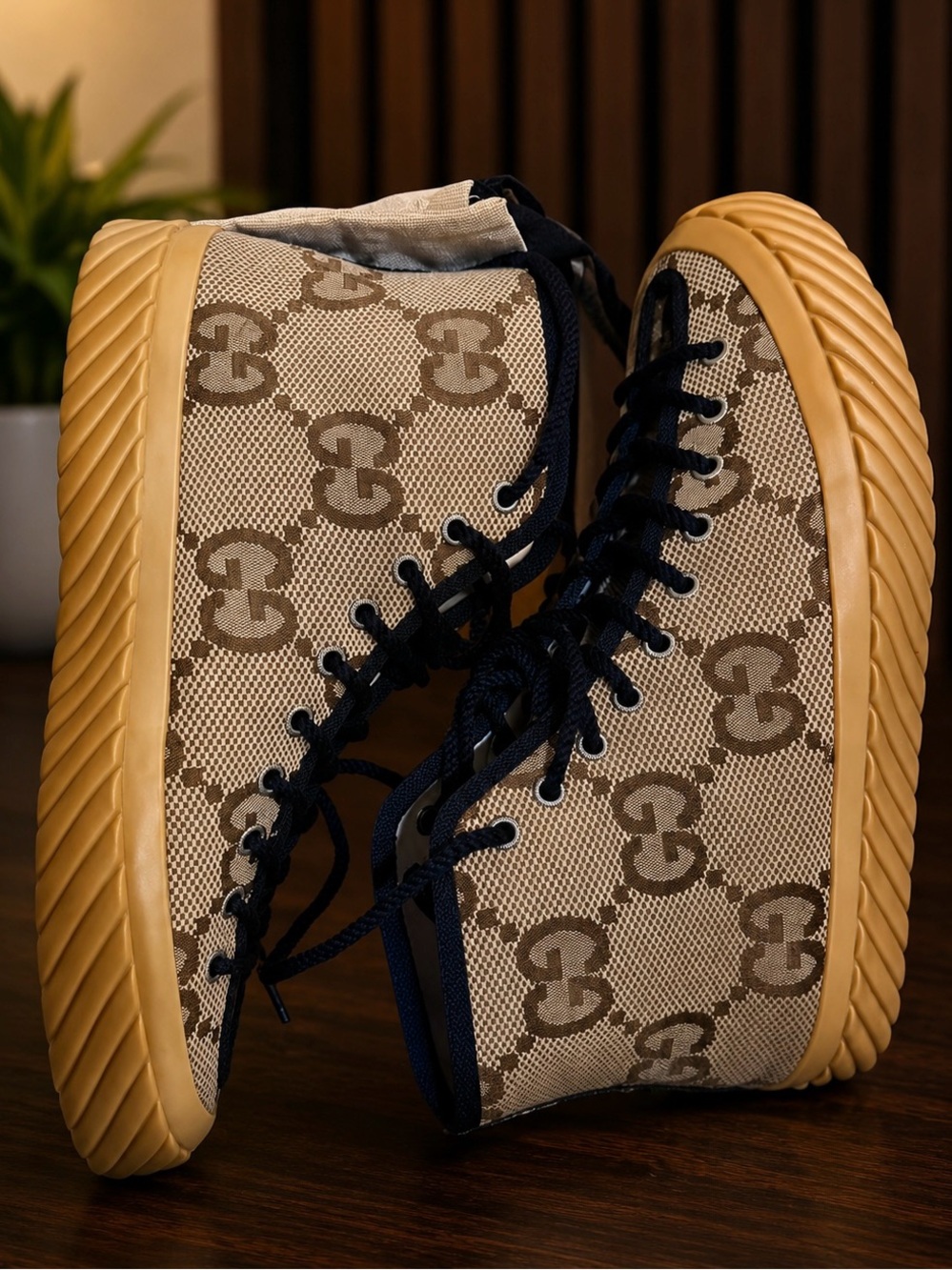 Gucci Beige GG Canvas High-Top Sneakers with Black Laces